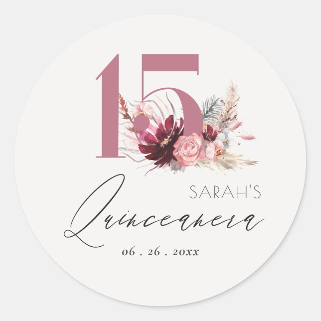 Pink Floral Pampas Grass Quinceanera 15th Birthday Classic Round Sticker (Front)