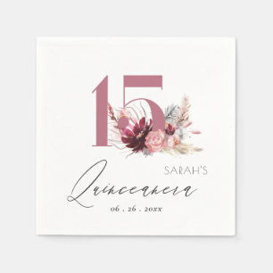Pink Floral Pampas Grass Quinceanera 15th Birthday Napkins