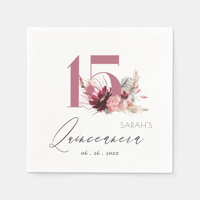 Pink Floral Pampas Grass Quinceanera 15th Birthday Napkins (Front)