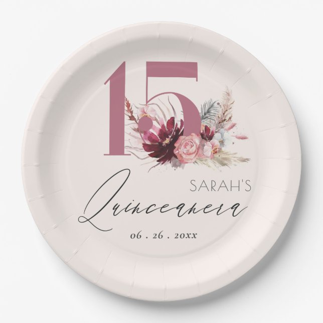 Pink Floral Pampas Grass Quinceanera 15th Birthday Paper Plates (Front)