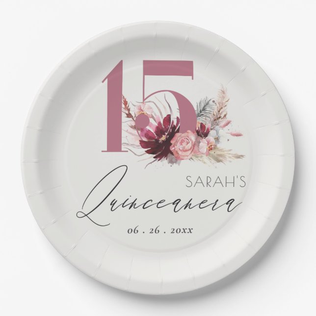 Pink Floral Pampas Grass Quinceanera 15th Birthday Paper Plates (Front)