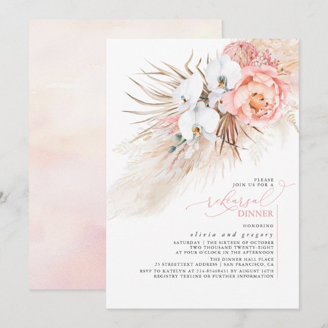 Pink Floral Pampas Grass Rehearsal Dinner Invitati Invitation (Front/Back)