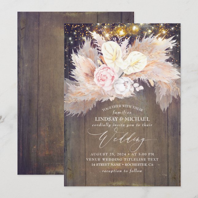 Pink Floral Pampas Grass Rustic Wood Wedding Invitation (Front/Back)