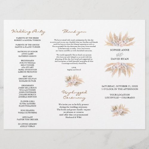 Pink Floral Pampas Grass TriFold Wedding Program Flyer