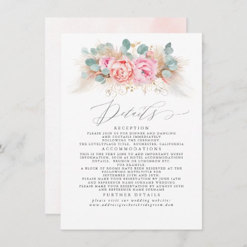 Pink Floral Pampas Grass Wedding Details Enclosure Card