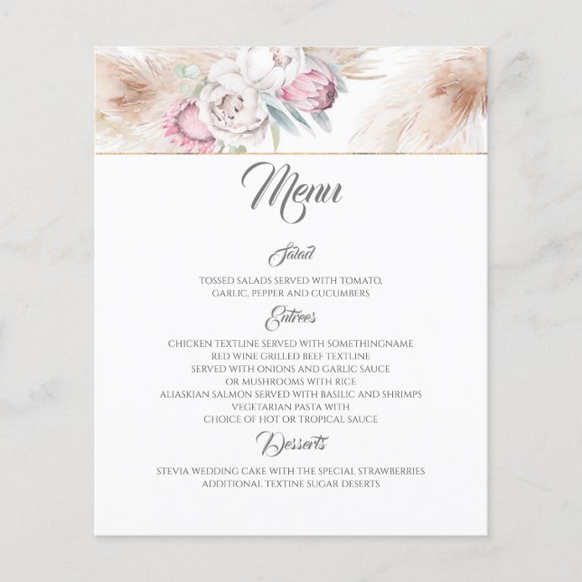 Pink Floral Pampas Grass Wedding Menu Flyer (Front)