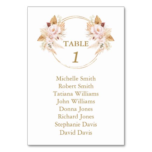 Pink Floral Pampas Grass Wedding Seating Chart  Table Number