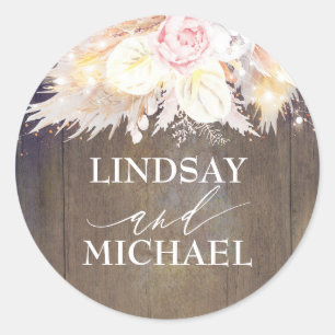 Pink Floral Pampas Grass Wood Wedding Classic Round Sticker
