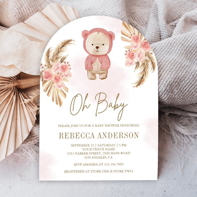 Pink Floral Pampas Teddy Bear Arch Baby Shower Invitation (Creator Uploaded)