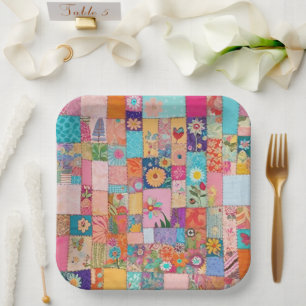 Pink Floral Patchwork Quilt Pattern Paper Plates