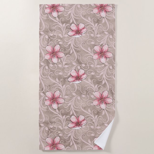 Pink Floral Pattern Beach Towel (Front)