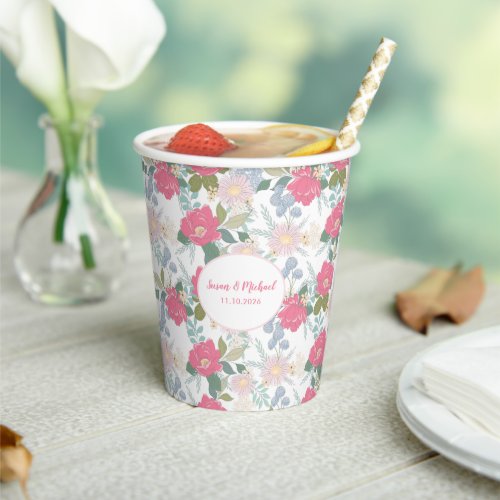 Pink Floral Pattern Botanical Personalized Paper Cups