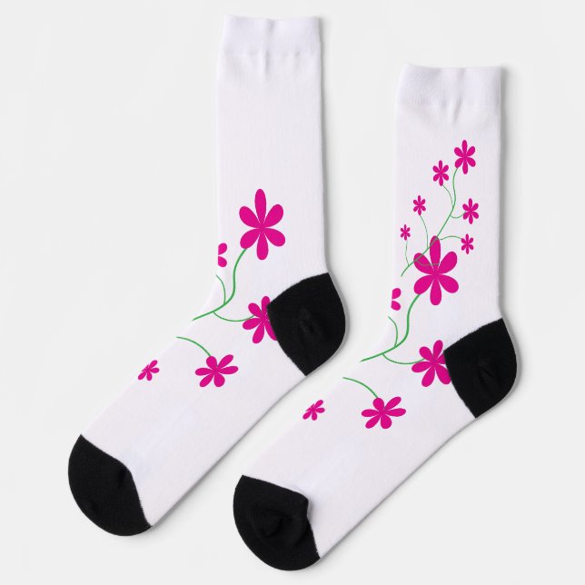 Pink Floral Pattern Crew Socks Cute Botanical Flow (Left)