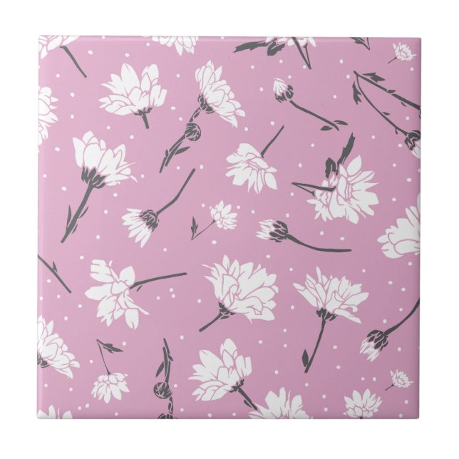 Pink Floral Pattern Design - Elegant Flower Art Ceramic Tile (Front)