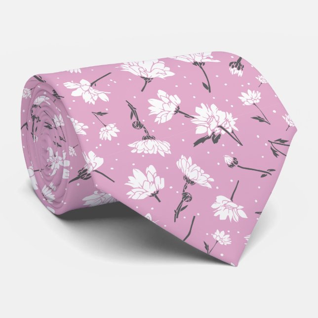 Pink Floral Pattern Design - Elegant Flower Art Neck Tie (Rolled)