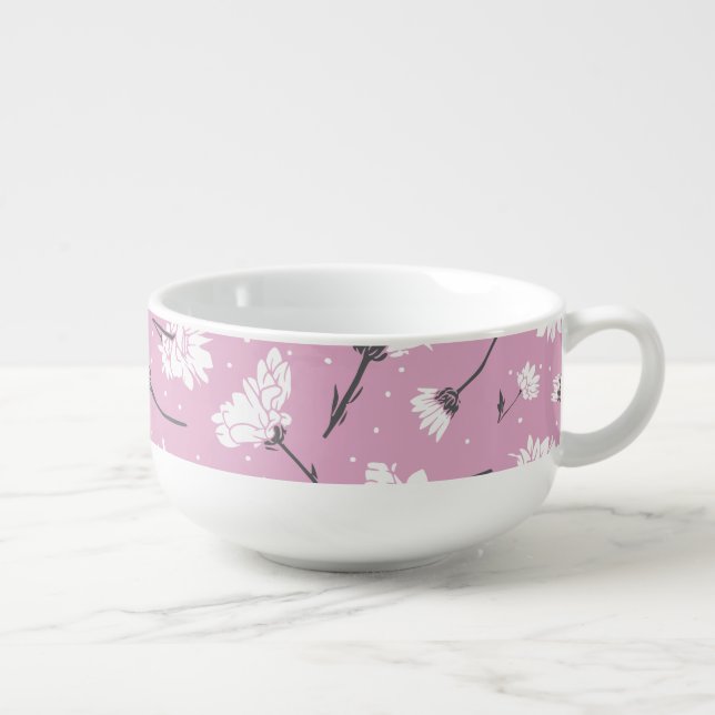Pink Floral Pattern Design - Elegant Flower Art Soup Mug (Left)