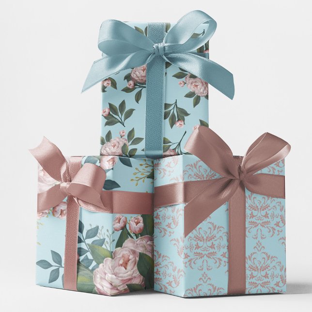 Pink Floral Pattern Elegant Blue Damask Wrapping Paper Sheets (Elegant blush pink and blue floral pattern wrapping paper)