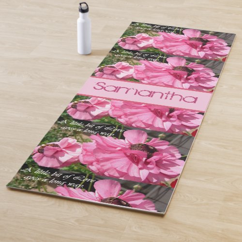 Pink Floral Pattern Love Quote Customizable Name Yoga Mat