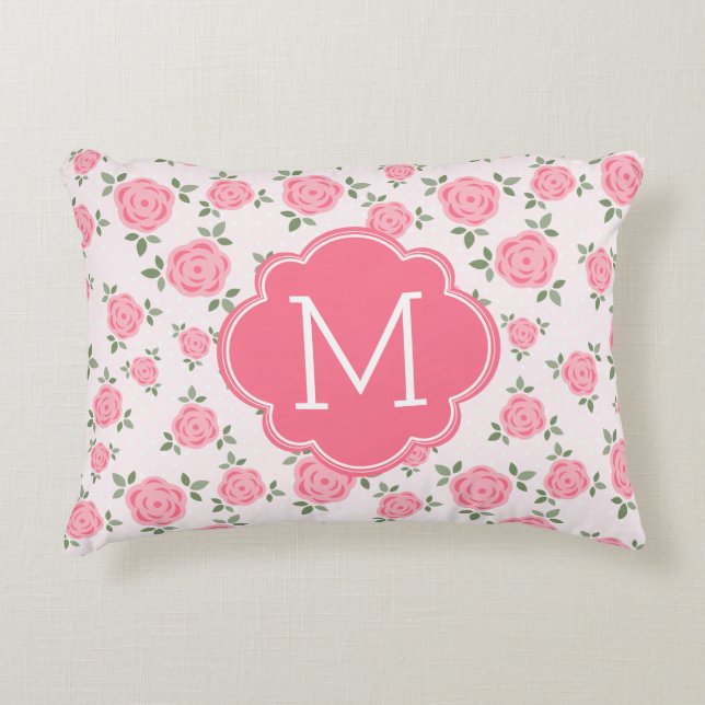 Pink Floral Pattern Monogrammed Accent Pillow (Front)