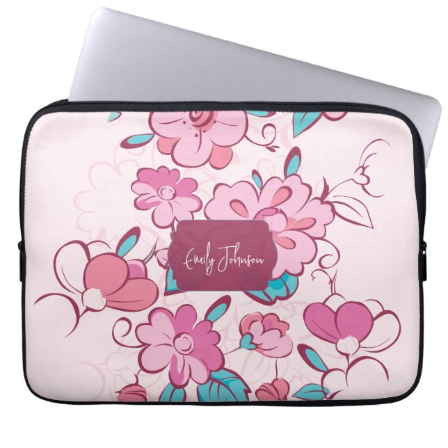 Pink Floral Pattern Name Label Design Custom Name Laptop Sleeve (Front)