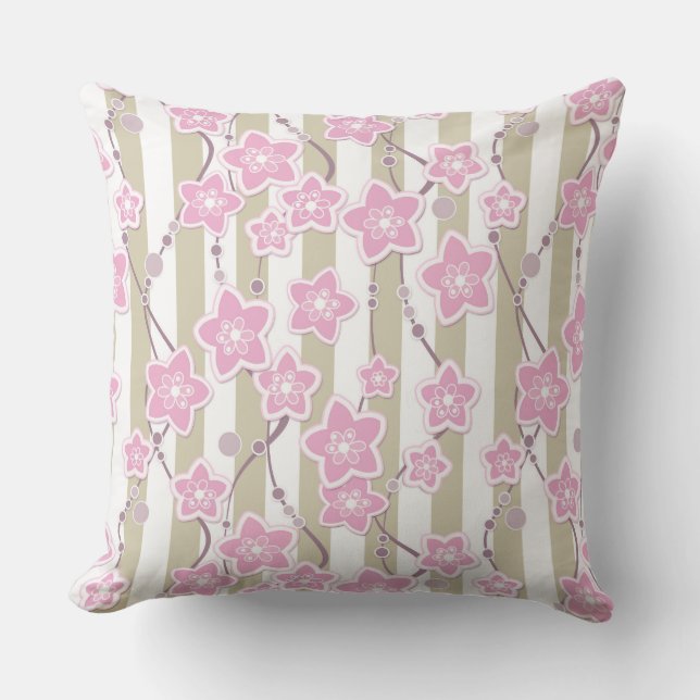 pink floral pattern on beige with white striped ba outdoor pillow (Front)