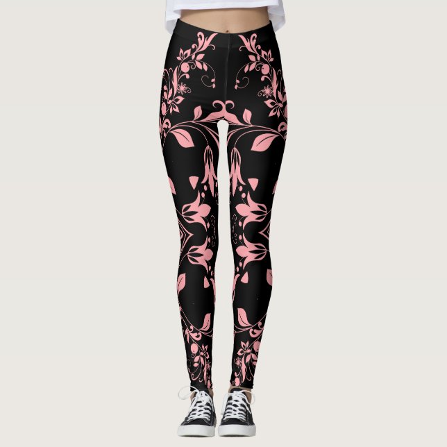Pink Floral Pattern on Black Women's Workout Leggings (Front)