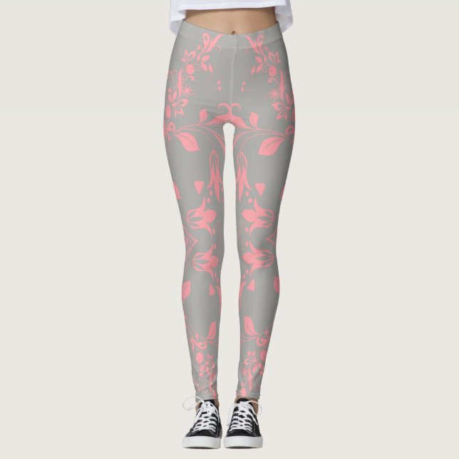 Pink Floral Pattern on Gray Women's Workout Leggings (Front)