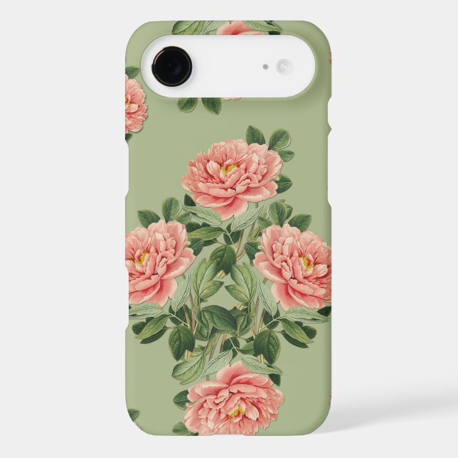 Pink Floral Pattern on Green Background | Seamless iPhone Case (Back)