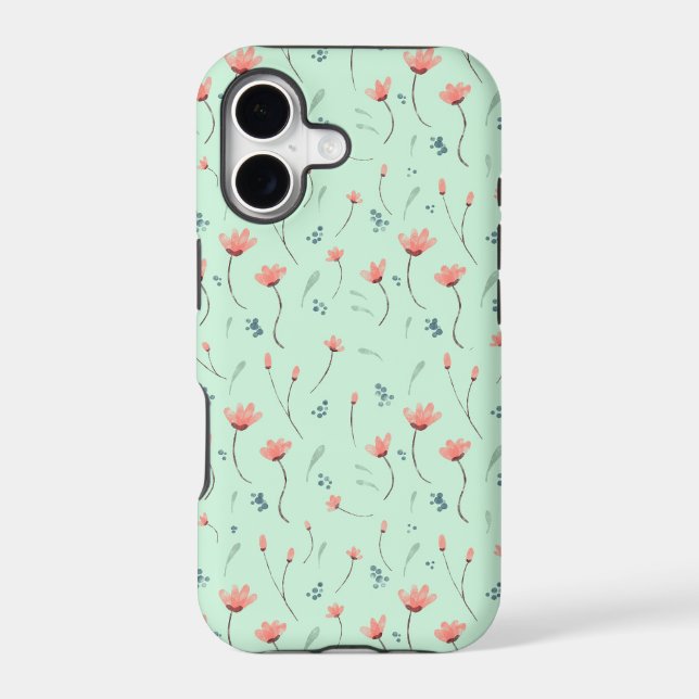 pink floral pattern on mint green iphone case (Back)