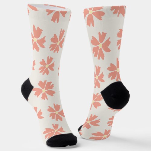 Pink Floral Pattern on Off_White Socks