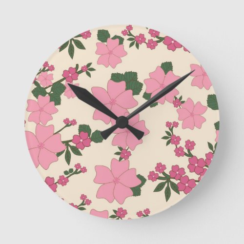 Pink Floral Pattern Round Clock