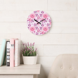 Pink Floral Pattern  with Elegant Blossoms Large Clock