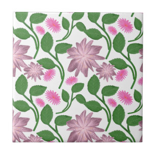 Pink floral pattern with green leaves  ceramic tile