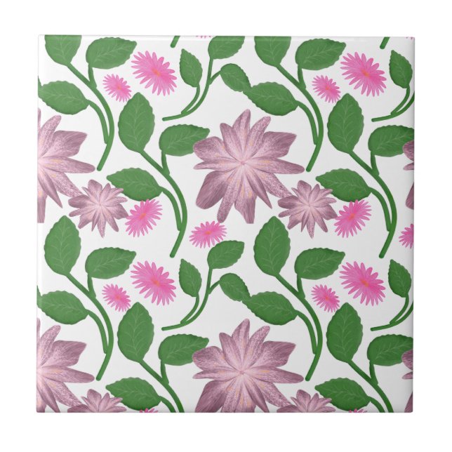 Pink floral pattern with green leaves  ceramic tile (Front)