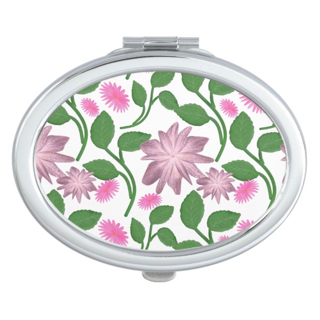 Pink floral pattern with green leaves  compact mirror (Front)