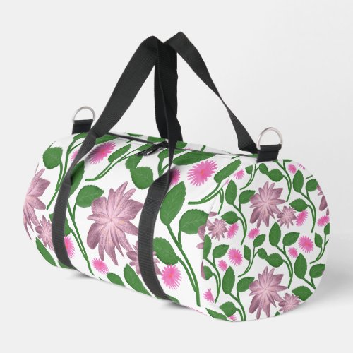 Pink floral pattern with green leaves  duffle bag