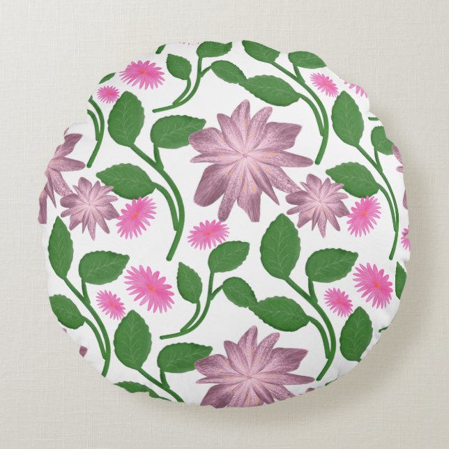 Pink floral pattern with green leaves  round pillow (Front)