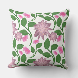 Pink floral pattern with green leaves throw pillow