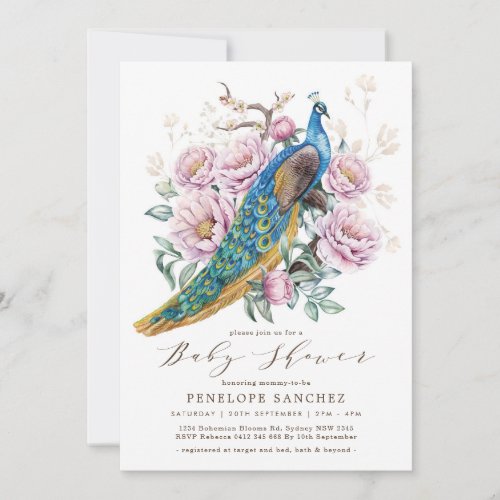 Pink Floral Peacock Chinoiserie Girl Baby Shower Invitation