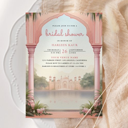 Pink Floral Peacocks Indian Palace Bridal Shower Invitation