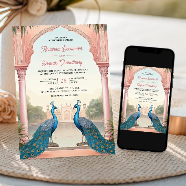 Pink Floral Peacocks Royal Indian Palace Wedding Invitation (Creator Uploaded)