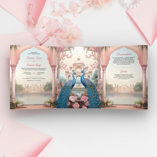 Pink Floral Peacocks Royal Indian Palace Wedding Tri_Fold Invitation