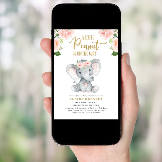Pink Floral Peanut Elephant Baby Shower Invitation (Front Digital)