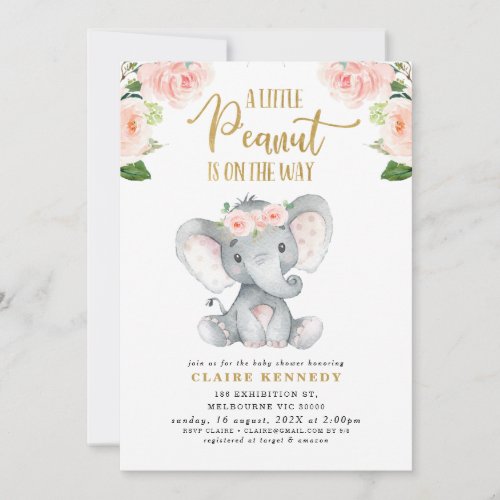 Pink Floral Peanut Elephant Baby Shower Invitation