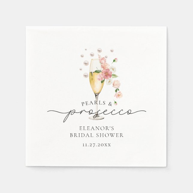 Pink Floral Pearls & Prosecco Bridal Shower Napkins (Front)
