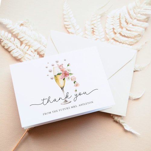 Pink Floral Pearls  Prosecco Bridal Shower Thank You Card
