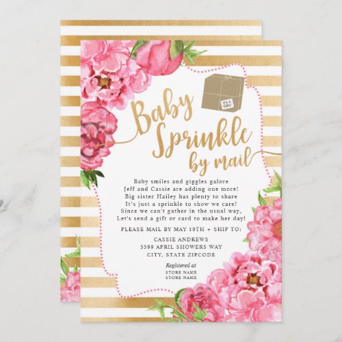 Pink Floral Peonies Baby Sprinkle by mail Invitation