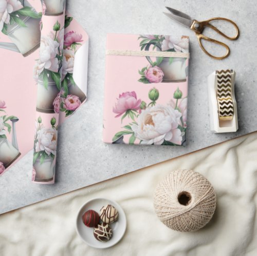 Pink Floral Peonies Bridal Shower Wrapping Paper