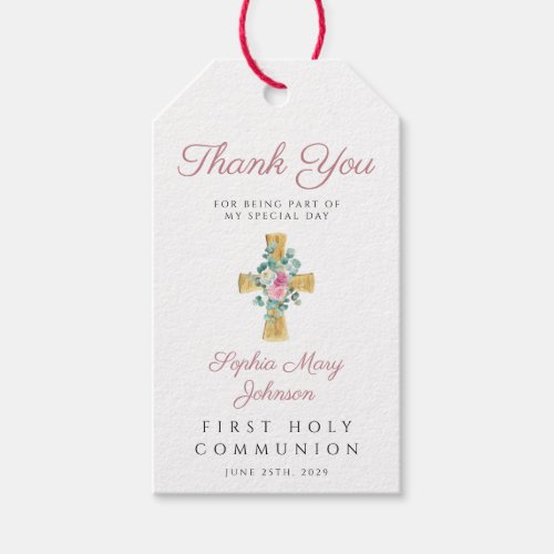 Pink Floral Peonies Cross First Communion  Gift Tags