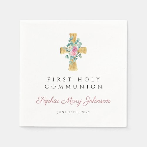 Pink Floral Peonies Cross First Communion  Napkins